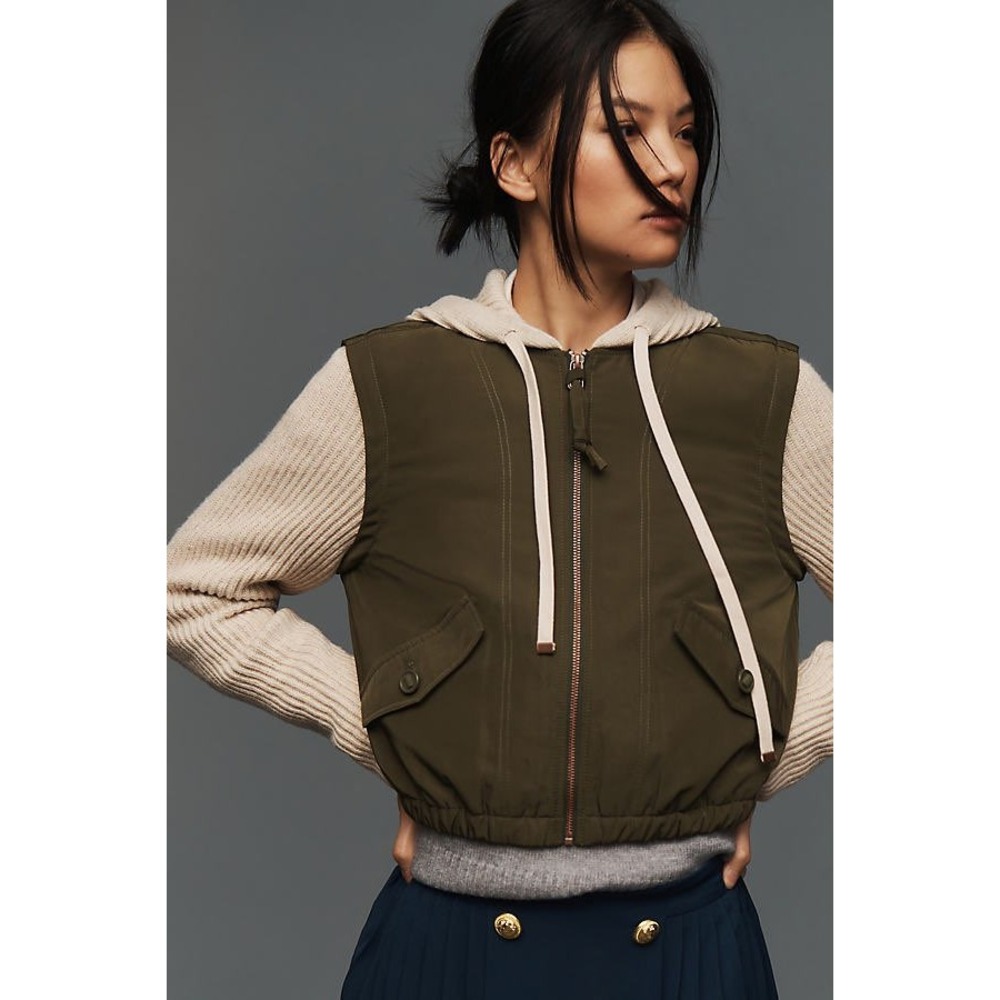 Anthropologie Pilcro Utility Sweater Jacket Hooded Zip Mixed Media Olive Small